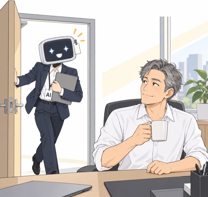 본부장실 문이 열리고 모니터 얼굴의 AI 신입이 서류철을 안고 힘차게 들어온다. 리더는 책상에서 머그컵을 든 채 돌아본다.