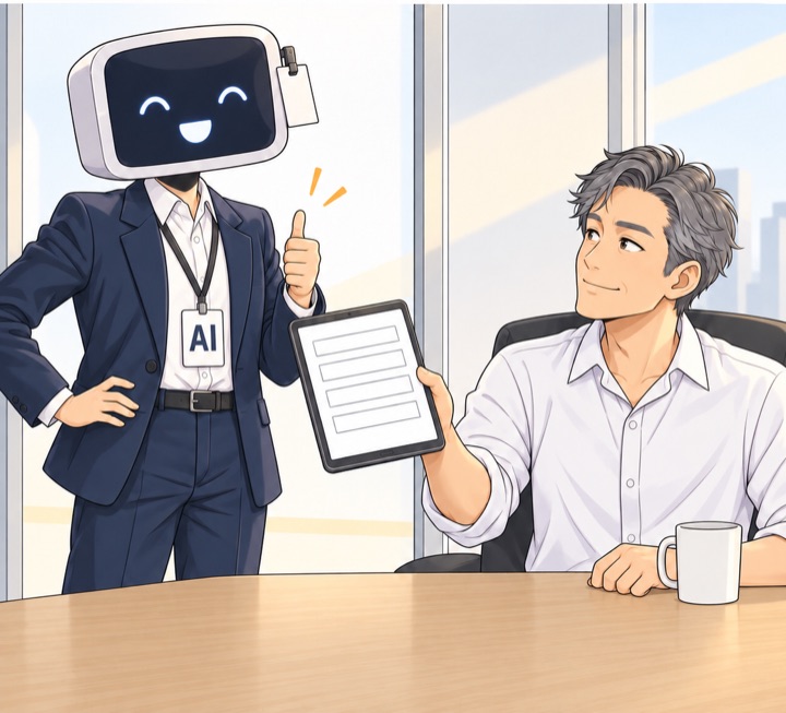 리더가 빈 신청서 화면이 뜬 태블릿을 건네고, AI 신입은 허리에 손을 얹고 엄지를 든다.