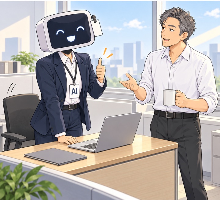 다음 날, 창밖은 맑다. 리더가 AI 신입의 자리에 들러 묻고, AI 신입은 엄지를 들고 자신 있게 답한다.