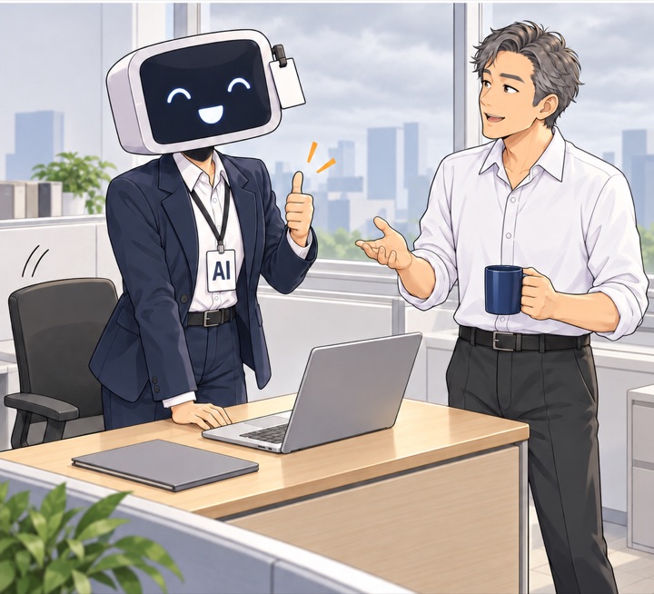 그다음 날, 창밖은 흐리다. 같은 자리, 같은 자세의 AI 신입. 리더의 머그컵만 바뀌었다.