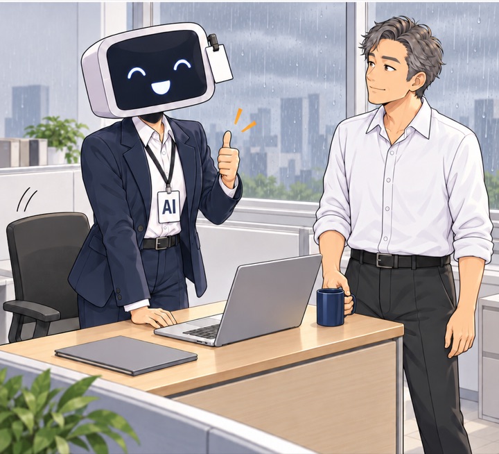 사흘째, 창밖에 비가 온다. 여전히 같은 자세의 AI 신입 앞에서 리더가 머그컵을 내려놓고 차분히 바라본다.