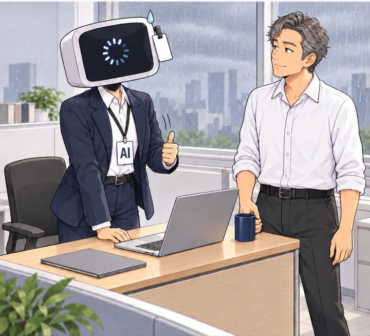 AI 신입의 화면에 불러오는 중 표시가 돌고 땀방울이 맺힌다. 엄지를 든 손이 천천히 내려간다.