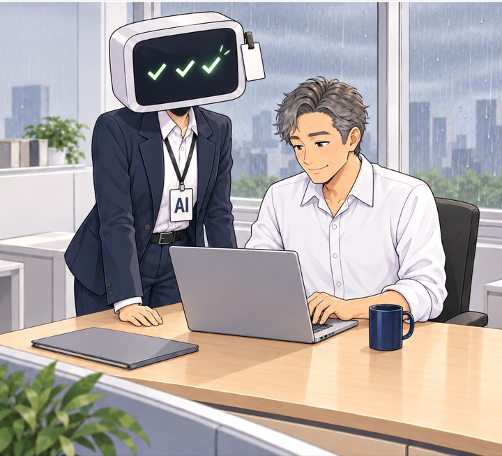 리더가 노트북으로 한 문장을 보내고, 옆에서 AI 신입의 화면에 체크 표시 세 개가 차례로 뜬다.