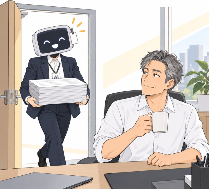 본부장실 문이 열리고 AI 신입이 두툼한 회의 자료 묶음을 안고 웃으며 들어온다. 리더는 머그컵을 든 채 돌아본다.