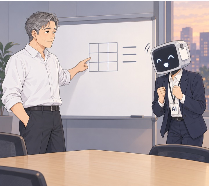 어제 저녁 회의실. 리더가 화이트보드에 그려진 표 하나와 짧은 선 세 줄을 가리키고, 오른쪽의 AI 신입이 두 주먹을 쥐고 고개를 끄덕인다.