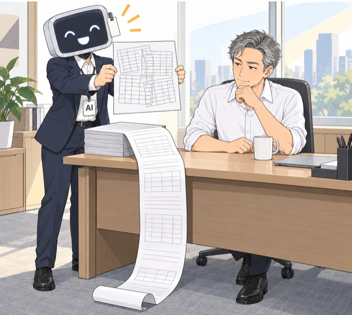 AI 신입이 표 여러 개가 겹친 종이를 자랑스럽게 펼쳐 든다. 맺음말 종이는 두루마리처럼 바닥까지 늘어져 있고, 리더는 턱을 괴고 내려다본다.