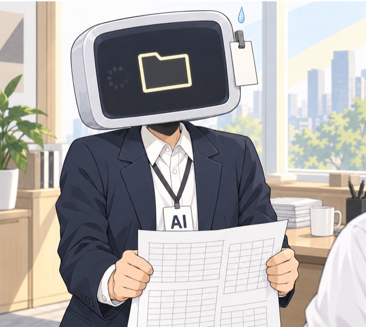 AI 신입의 화면에 불러오는 중 표시와 텅 빈 폴더가 뜨고, 땀방울이 맺힌다.