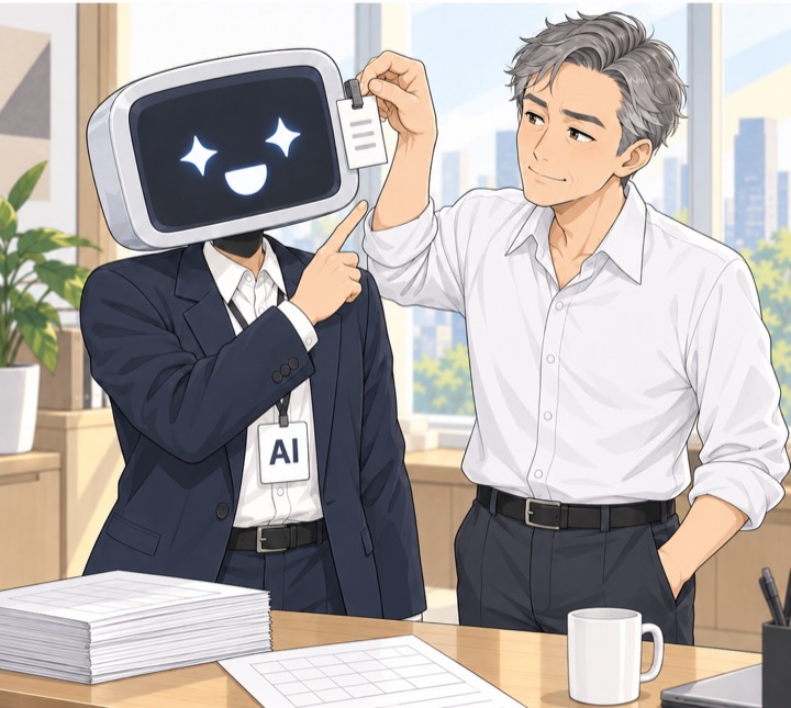 리더가 AI 신입의 모니터 옆 메모 꽂이에 메모 카드를 꽂아 준다. AI 신입은 반짝이는 눈으로 메모를 가리킨다.