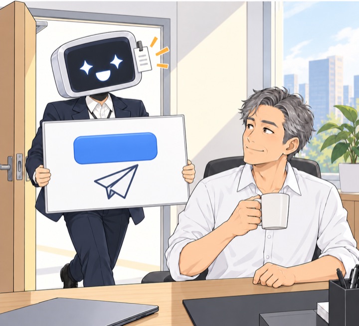 AI 신입이 파란 버튼과 종이비행기가 그려진 발표판을 들고 별 모양 눈으로 들어온다. 리더는 머그컵을 든 채 돌아본다.