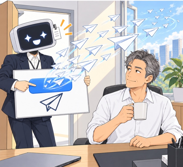 AI 신입이 발표판의 파란 버튼을 누르자 종이비행기 수십 개가 창밖으로 날아간다. 종이비행기는 메일을 뜻한다.