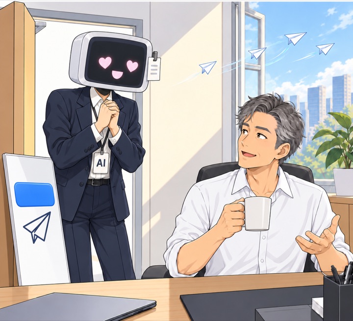 AI 신입이 두 손을 모으고 화면에 하트 눈을 띄운다. 리더는 손을 펴며 묻는다.