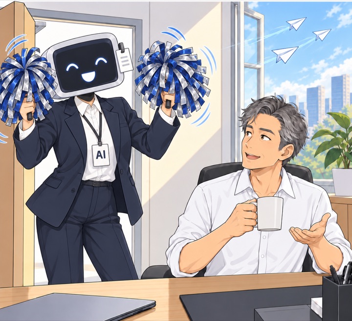AI 신입이 양손에 응원용 술을 들고 신나게 흔든다. 리더가 한 번 더 묻는다.