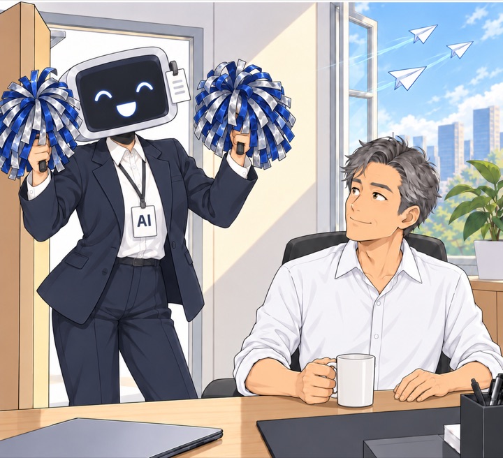 리더가 머그컵을 내려놓고 차분히 바라본다. AI 신입의 응원 술이 멈춘다.