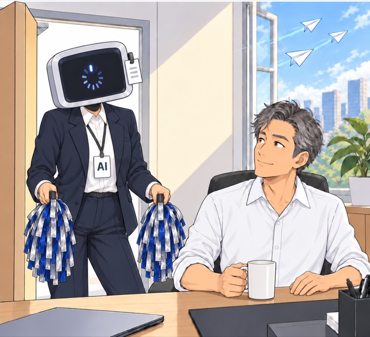 AI 신입의 화면에 불러오는 중 표시가 돌고, 응원 술이 축 처진다.