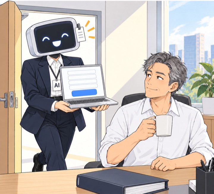 본부장실 문이 열리고 AI 신입이 업무 화면이 뜬 노트북을 펼쳐 든 채 신나게 들어온다. 리더는 머그컵을 든 채 돌아본다.