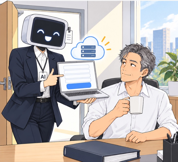 AI 신입이 노트북을 보여 주며 화면 옆에 떠오른 구름 모양 서버 그림을 가리킨다.