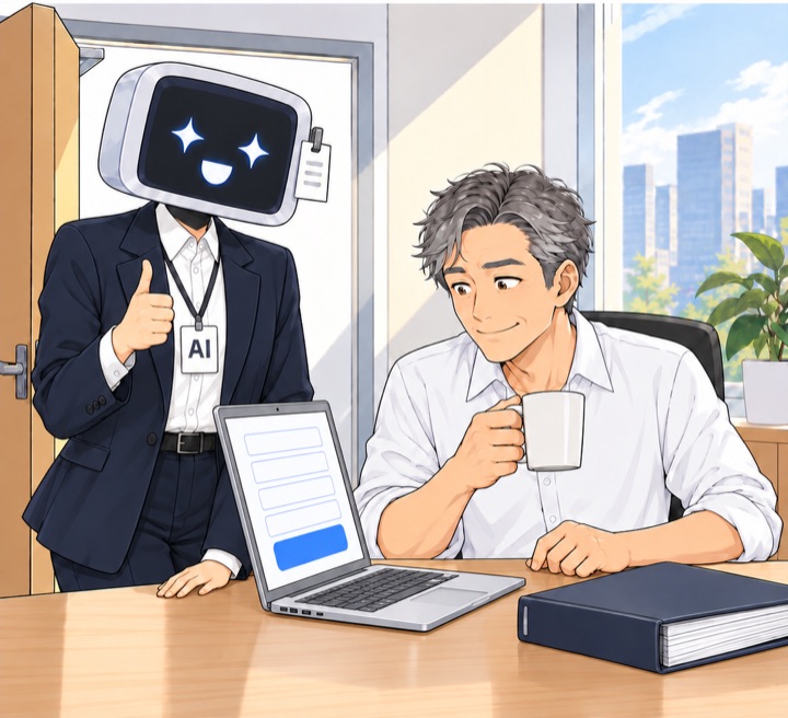 리더가 머그컵을 든 채 노트북 화면을 들여다보고, AI 신입은 반짝이는 눈으로 엄지를 든다.