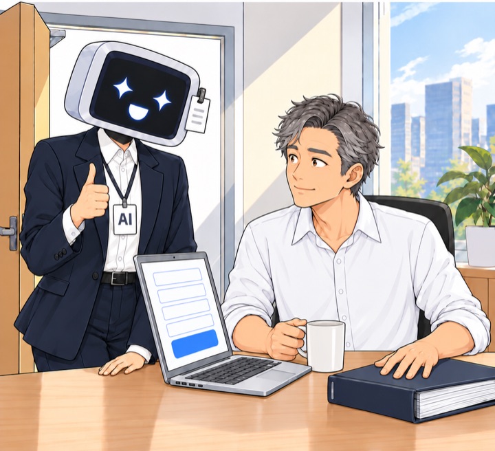 리더가 머그컵을 내려놓고 차분하게 AI 신입을 바라본다.