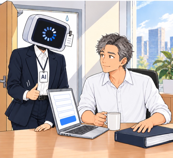 AI 신입의 화면에 불러오는 중 표시가 돌고 땀방울이 맺힌다. 엄지를 든 손이 내려간다.