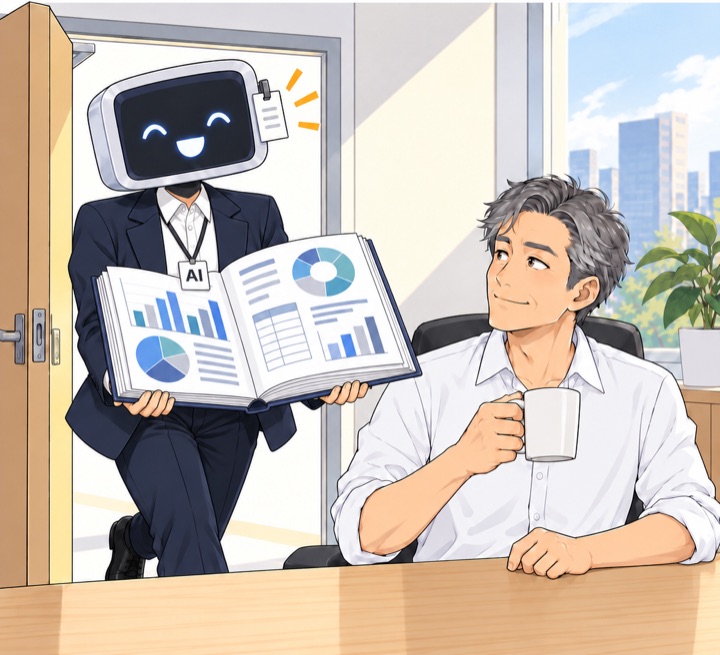 본부장실 문이 열리고 AI 신입이 그래프가 가득한 두툼한 보고서를 펼쳐 들고 들어온다. 리더는 머그컵을 든 채 돌아본다.