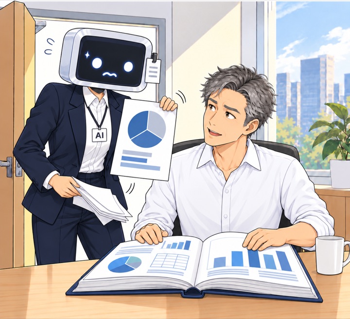 리더가 다시 묻자 AI 신입이 허둥지둥 원그래프가 그려진 다른 종이를 꺼내 든다.