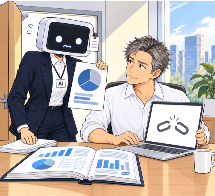 리더가 노트북 화면을 AI 신입 쪽으로 돌린다. 화면에는 끊어진 사슬 그림만 뜬 빈 페이지가 보인다.