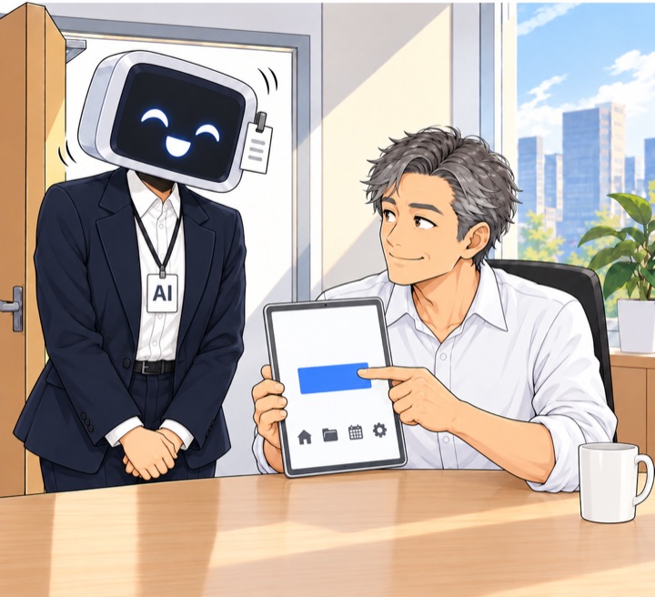 아침. 리더가 태블릿 화면의 버튼을 손가락으로 짚으며 부탁하고, AI 신입은 두 손을 모은 채 웃으며 고개를 끄덕인다.