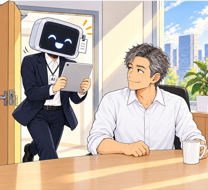 오후. 본부장실 문이 열리고 AI 신입이 태블릿을 들고 신나게 들어온다.